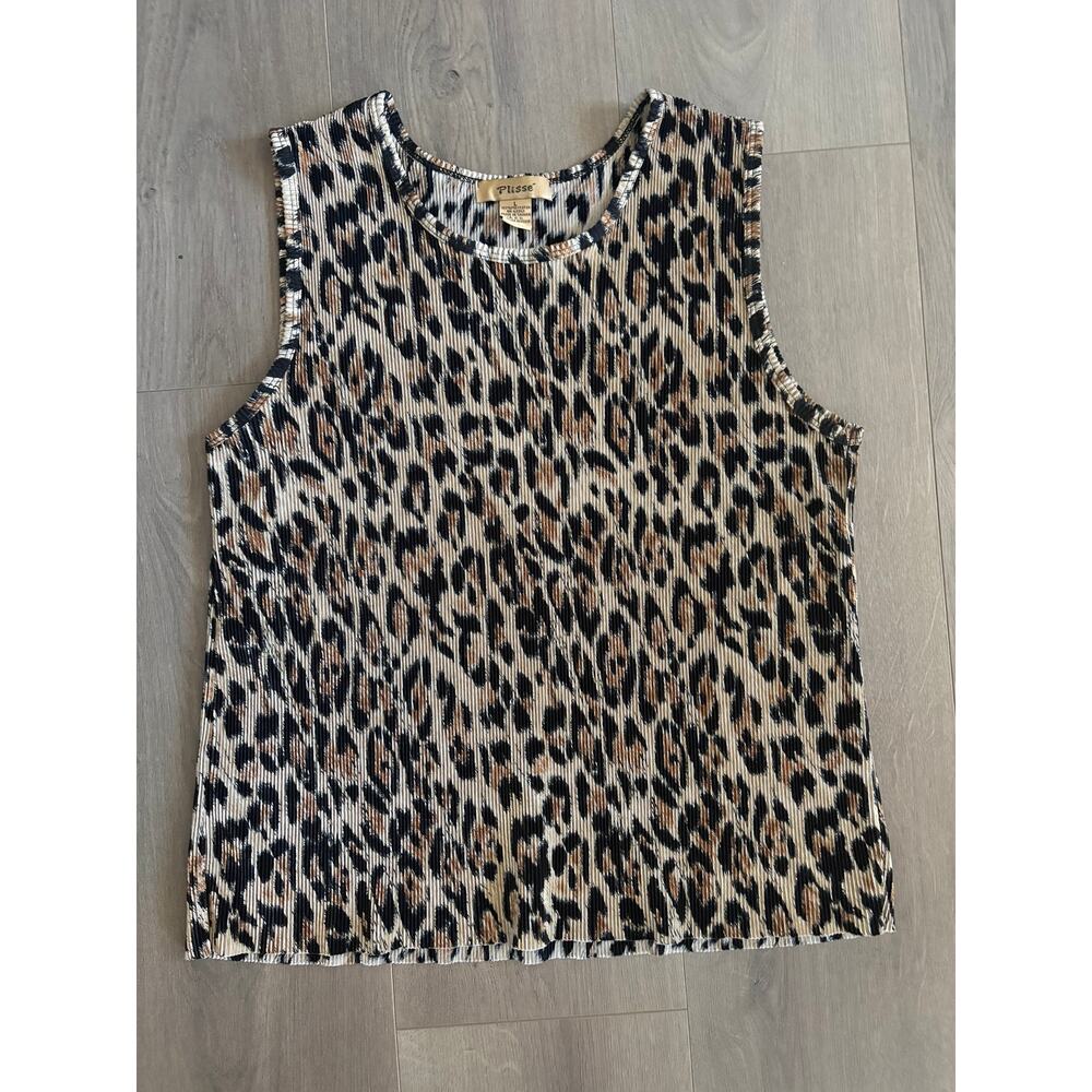 ⁠Vintage 90s Plissé Leopard Print Tank Top Large Pleated Micro Crinkle Shell⁠